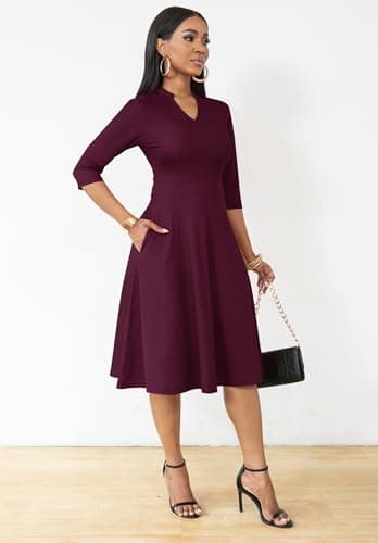 Nmoder Casual Dresses for Women Semi Formal Fit and Flare 3/4 Sleeve A-line Church Work Dress with Pockets Red 3XL - Image 2
