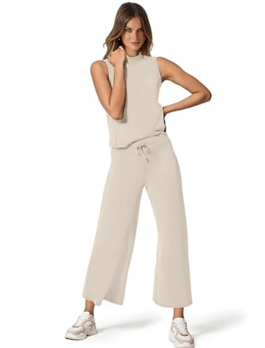 SAMPEEL Lounge Set for Women 2 Piece Spring Outfits 2024 Travel Clothing Summer Business Casual Outfits Sleeveless Wide Leg Crop Pants Sets Matching Sets Women Clothing Khaki S - Image 2