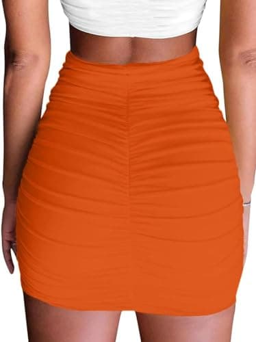 eoeoo Women's Stretch High Waist Ruched Bodycon Double Layer Casual Mini Skirt Orange2 Medium - Image 3