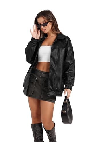 Sampeel Black Faux Leather Jacket Women Baggy Oversized Motorcycle Bomber Coats 2025 Fall Going Out Outfits Winter Clothes M - Image 2