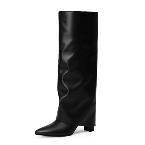 Modatope Black Womens Boots Chunky Heel Fold Over Knee High Boots Pointed Toe Dress Boots Fashion Black Tall Boots Zipper Long Boot Size 9 - Image 1