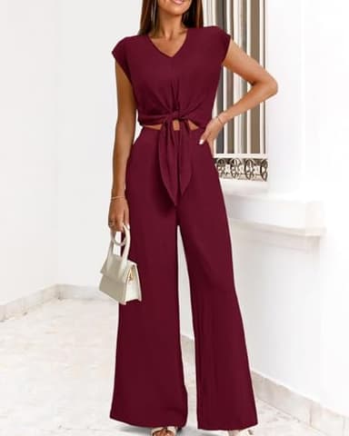 PRETTYGARDEN Women's Summer 2 Piece Outfits 2025 Cap Sleeve V Neck Belted Crop Tops Wide Leg Pant Sets Casual Tracksuit(Solid Dark Wine Red,Medium) - Image 7