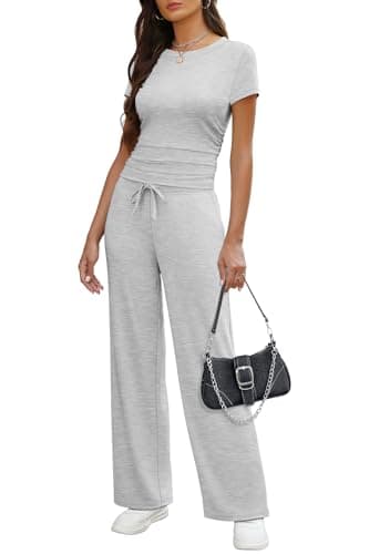 WIHOLL Matching Sets Women Clothing Summer Going Out Resort Wear Vacation Outfits 2 Piece Athleisure 2025 Petite Lounge Sets Short Sleeve Crewneck Spring Break Sweatsuits Light Grey S - Image 3