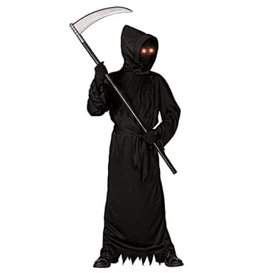 Grim Reaper Halloween Costume with Glowing Red Eyes for Kids, Scythe Included - Image 2