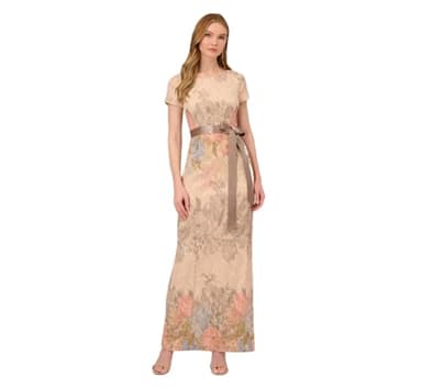 Adrianna Papell Women's Short-Sleeve Floral Matteleasse Column Gown, Blush Multi, 6 - Image 1