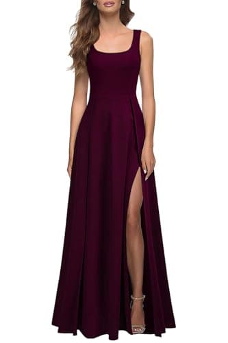 MUSHARE Women's Square Neck Sexy Split Cocktail Party Maxi Long Formal Dress Burgundy - Image 1