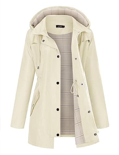 LOMON Women Rain Jacket Lightweight Hooded Jackets Women Lined Trench Coats Waterproof Outdoor Hiking Raincoat Beige M (Big Plaid Lining) - Image 1