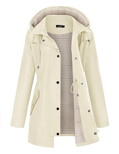 LOMON Women Rain Jacket Lightweight Hooded Jackets Women Lined Trench Coats Waterproof Outdoor Hiking Raincoat Beige M (Big Plaid Lining) - Image 1