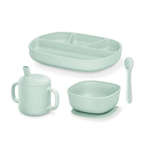 NUK Silicone Baby Tableware Bundle, Includes 1 Plate, 1 Bowl, 1 Cup, & 1 Spoon, Durable Suction Feature Helps Reduce Spills, Microwave-Safe, BPA-Free - Image 1