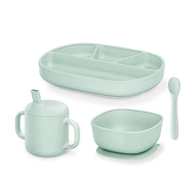 NUK Silicone Baby Tableware Bundle, Includes 1 Plate, 1 Bowl, 1 Cup, & 1 Spoon, Durable Suction Feature Helps Reduce Spills, Microwave-Safe, BPA-Free - Image 1