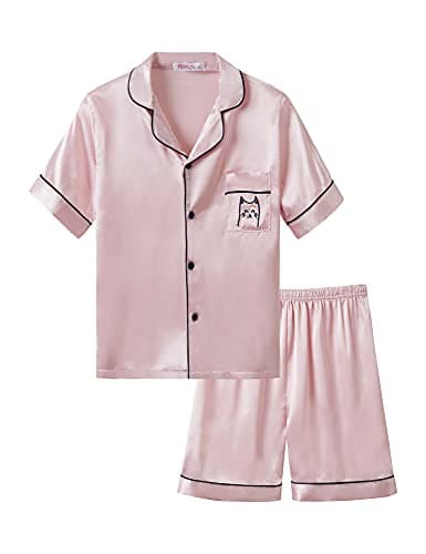 Topgal Little & Big Girls Pajama Set Size 16 - Satin Silky Cute Cat Summer Shorts Outfit Pink - Image 1