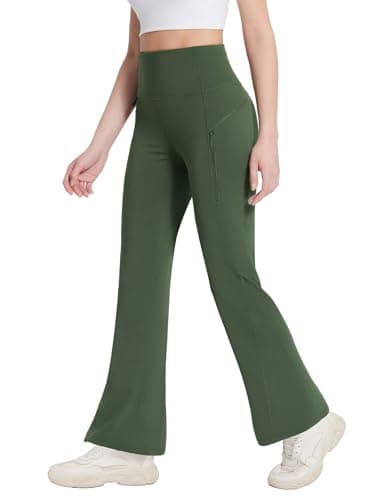 baleaf Women's Fleece Lined Leggings Water Resistant Winter Pants Thermal Warm Flare High Waist Bootcut for Outdoor Hiking Dark Army Green L - Image 1