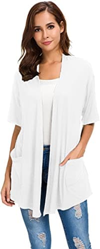 ADANIKI Womens Short Sleeve Open Front Lightweight Casual Comfy Long Line Drape Hem Soft Modal Cardigans Sweater with Two Pockets (White, XL) - Image 1