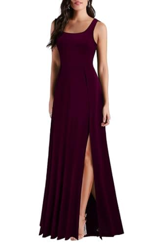 MUSHARE Women's Square Neck Sexy Split Cocktail Party Maxi Long Formal Dress Burgundy - Image 3