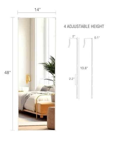 KOMCOTE Over The Door Full Length Mirror - 48x14 Inch Hanging Mirror for Bedroom, Closet, Living Room - No Drill Door Mount Mirror, Lightweight & Durable, Space-Saving, White - Image 5