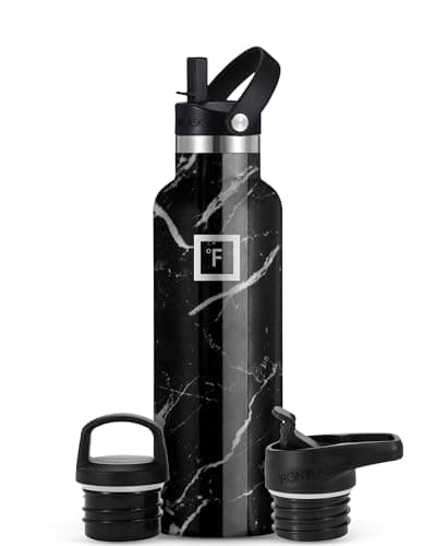 IRON °FLASK Camping & Hiking Hydration Canteens - 3 Lids (Narrow Straw Lid) Leak Proof Vacuum Insulated Stainless Steel - Hot & Cold Double Walled Sports Water Bottle - Black Marquina, 24 Oz - Image 1