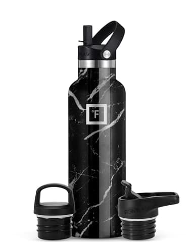 IRON °FLASK Camping & Hiking Hydration Canteens - 3 Lids (Narrow Straw Lid) Leak Proof Vacuum Insulated Stainless Steel - Hot & Cold Double Walled Sports Water Bottle - Black Marquina, 24 Oz - Image 1