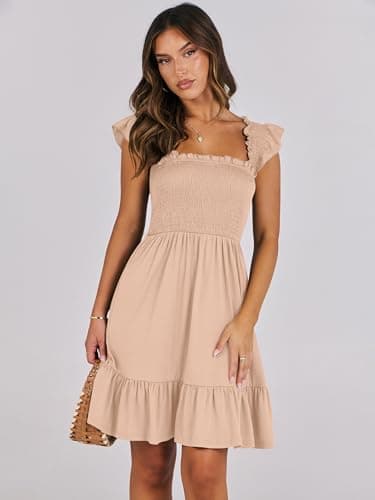 ANRABESS Women's Summer Casual Sleeveless Square Neck Dress 2025 Smocked Ruffle Backless Boho Beach Cute Teen Short Sundress Apricot Large - Image 9