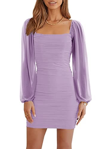 Wenrine Women's Mesh Long Sleeve Square Neck Ruched Party Club Cocktail Bodycon Mini Dress Light Purple - Image 1