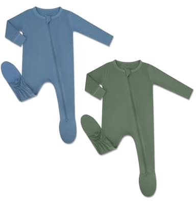 HAPIU Rayon from Bamboo Baby Footed Pajamas, 2 Way Zipper YKK, Footie for Baby Boy Girls, Newborn-24 Months, 2-Pack, Moonlight Blue&Dark Forest Green, 0-3 Months - Image 1