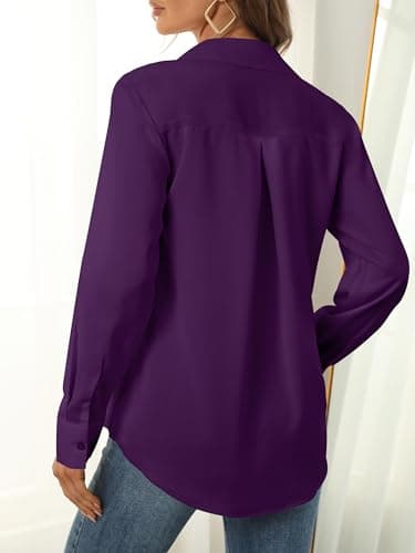 hearain Womens Button Down Shirts Long Sleeve Chiffon Blouse Basic Classic Collared Soft Shirt Dark Purple Size XL - Image 2