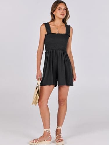 Caracilia Women's Summer Casual Smocked Rompers Square Neck Sleeveless Loose Shorts Jumpsuit 2025 Beach Vacation Outfits Black - Image 6