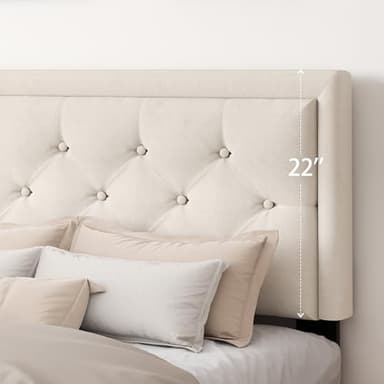 CXVX Queen Size Platform Bed Frame with Upholstered Velvet Button Tufted Headboard, Mattress Foundation with Wooden Slat Support, No Box Spring Needed, Easy Assembly, Noise Free, Beige - Image 5