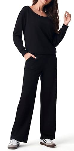 AFITNE 2 Piece Outfits for Women Long Sleeve Off-Shoulder Pullover Tops Wide Leg Sweatpants Pull On Pants Sets Stretchy Trendy Tracksuits with Pockets Fashion Mathching Sweatsuits Black L 31" - Image 2