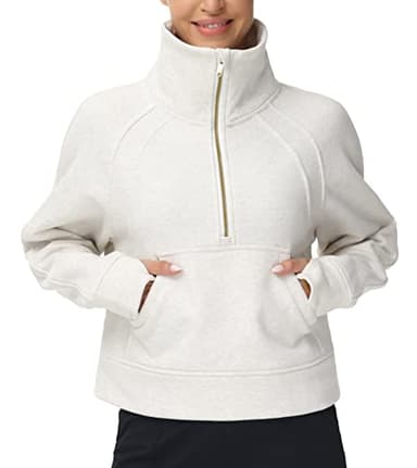 THE GYM PEOPLE Women's Half Zip Pullover Sweatshirt Fleece Stand Collar Crop Sweatshirt with Pockets Thumb Hole Off-white - Image 3