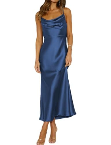Mogidol Summer Satin Spaghetti Strap Cowl Neck Backless Midi Dresses for Women Elegant Tie Low Back Ruched Cocktail Dress Navy - Image 1