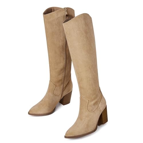 MeiLuSi Womens Knee High Fall Boots for Women 2025, Chunky Heel Slouchy Suede Tall Boots Side Zipper Size 9 Aprocot - Image 1
