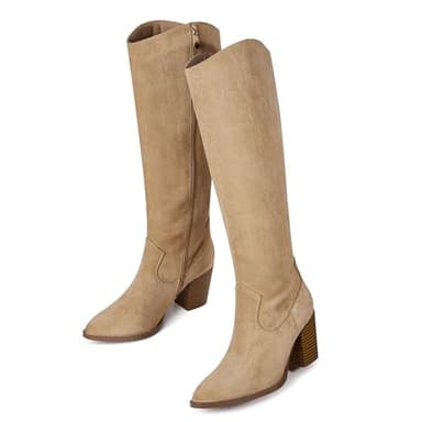 MeiLuSi Womens Knee High Fall Boots for Women 2025, Chunky Heel Slouchy Suede Tall Boots Side Zipper Size 9 Aprocot - Image 1