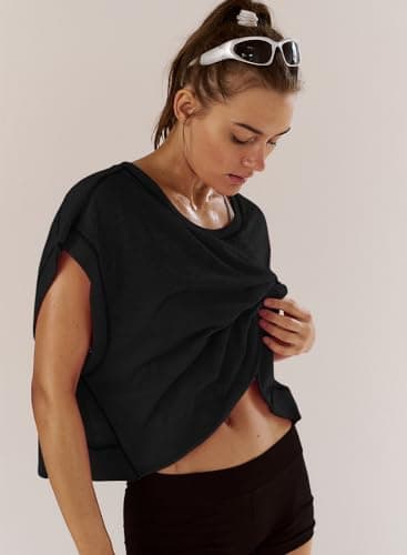 Kumufenc Women Short Sleeve Workout Shirts Open Back Tops Casual Yoga Y2k Athletic Gym Slouchy Crop Running Tees(Black,M) - Image 4