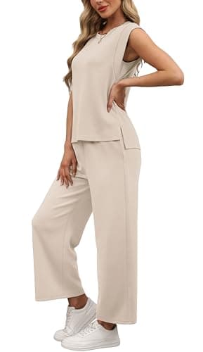 OFEEFAN Two Piece Sets for Women Summer Luxury Women Fahsion Lounge Set Cruise Airport Going Out Outfits Trendy Cap Sleeve Wide Leg Beige S - Image 4
