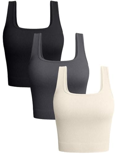OQQ Women's 3 Piece Tank Tops Ribbed Seamless Workout Exercise Shirts 2025 Summer Basic Camis Black Darkgrey Beige - Image 1