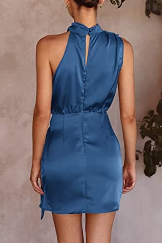 PRETTYGARDEN Women's Short Formal Satin Dress Summer Sleeveless Mock Neck Tie Waist Cocktail Party Dresses (Dark Blue,Small) - Image 5