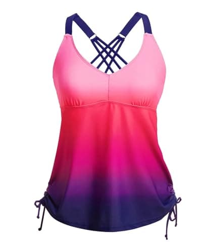 Tempt Me Women Pink Gradient Tankini Top Only V Neck Swim Tops Tummy Control Bathing Suit Top No Bottom M - Image 1