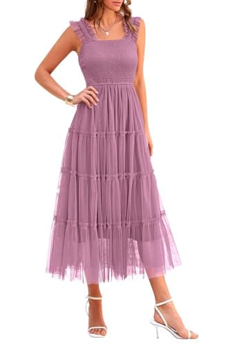 PRETTYGARDEN Women's Summer Midi Tulle Dress Sleeveless Smocked Square Neck Ruffle Flowy Party Wedding Guest Sundress (Grey Purple,Large) - Image 1