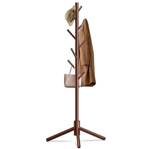 Unisakey Durable Wooden Coat Rack, Freestanding Coat Rack with Stable Triangular Base, 8 Hooks & 3 Adjustable Heights, Simple Assembly for Bedroom, Hallway, Office(New Brown) - Image 1