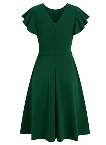 HELYO Wedding Guest Dresses for Womens Elegant Ruffle Sleeves V-Back A-Line Cocktail Party Semi Formal Dress with Pockets 842 Dark Green L - Image 4