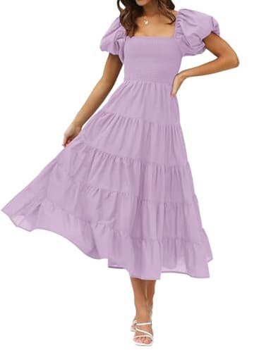 ZESICA Women's 2025 Summer Square Neck Short Puff Sleeve Solid Color High Waist Casual Smocked Flowy A Line Tiered Midi Dress,Lightpurple,Medium - Image 1