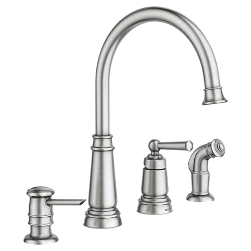 Moen 87042SRS Edison Spot Resist Stainless One-Handle High Arc 4-hole Kitchen Faucet with Side Sprayer and Soap Dispenser - Image 1