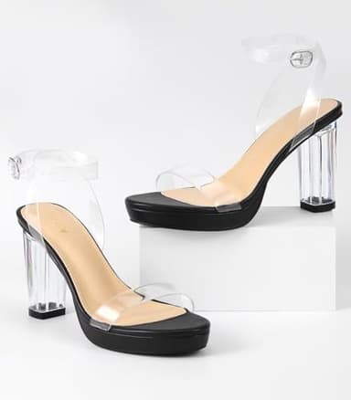 ZriEy 4-Inch Platform Clear High Heels for Women Block Chunky Heeled Sandals Open Toe Ankle Strap Heels Wedding Party Evening Prom Dress Pump Sandals Shoes Black Clear Size 5 - Image 6