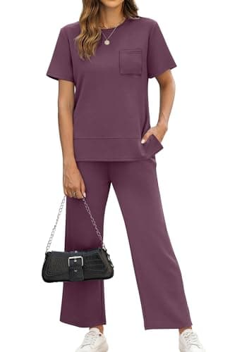 OFEEFAN Vacation Outfits for Women Casual Summer 2 Piece Lounge Set Spring Fashion Short Sleeve Tracksuit Wide Leg Loungewear Airport Clothes Holiday Clothing Women's Cruise Wear Purple XXL - Image 2