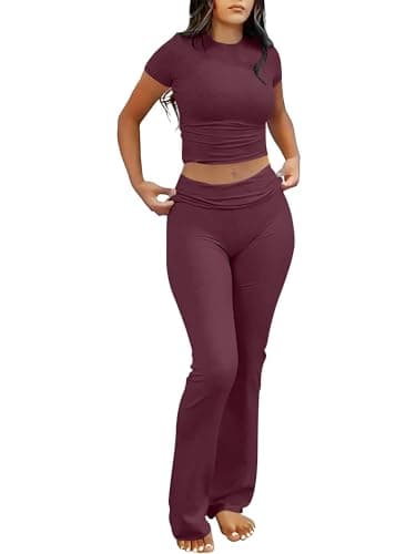 ANRABESS Lounge Sets for Women 2 Piece Foldover Yoga Flare Leggings Pants Crop Tops Casual Y2K Outfits Matching Tracksuit Set Burgundy XX-Large - Image 1