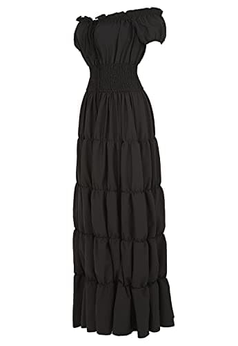 Lehauya Women Renaissance Costumes Medieval Pirate Peasant Wench Boho Chemise Smocked Waist Over Dress Black Medium - Image 2