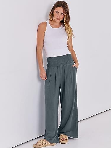 ANRABESS Women Linen Palazzo Pants Summer Boho Wide Leg High Waist Casual Lounge Pant 2025 Beach Travel Vacation Outfits Grey Small - Image 5