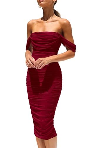 PRETTYGARDEN Wedding Guest Dress 2025 Summer Off Shoulder Ruched Elegant Sexy Bodycon Homecoming Cocktail Party Midi Dress (Wine Red,Large) - Image 1