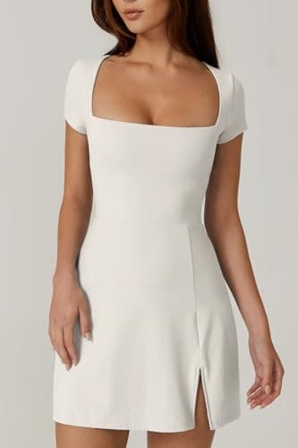 QINSEN Square Neck Athletic Dress for Women Side Slit High Waist Built in Shorts Pocket Flare Exercise Dress White S - Image 5