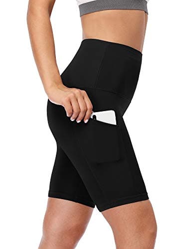 CADMUS Women's High Waist Spandex Yoga Shorts for Bike Running Two Side Pockets,10,Black & Grey & Turquoise,Large - Image 4